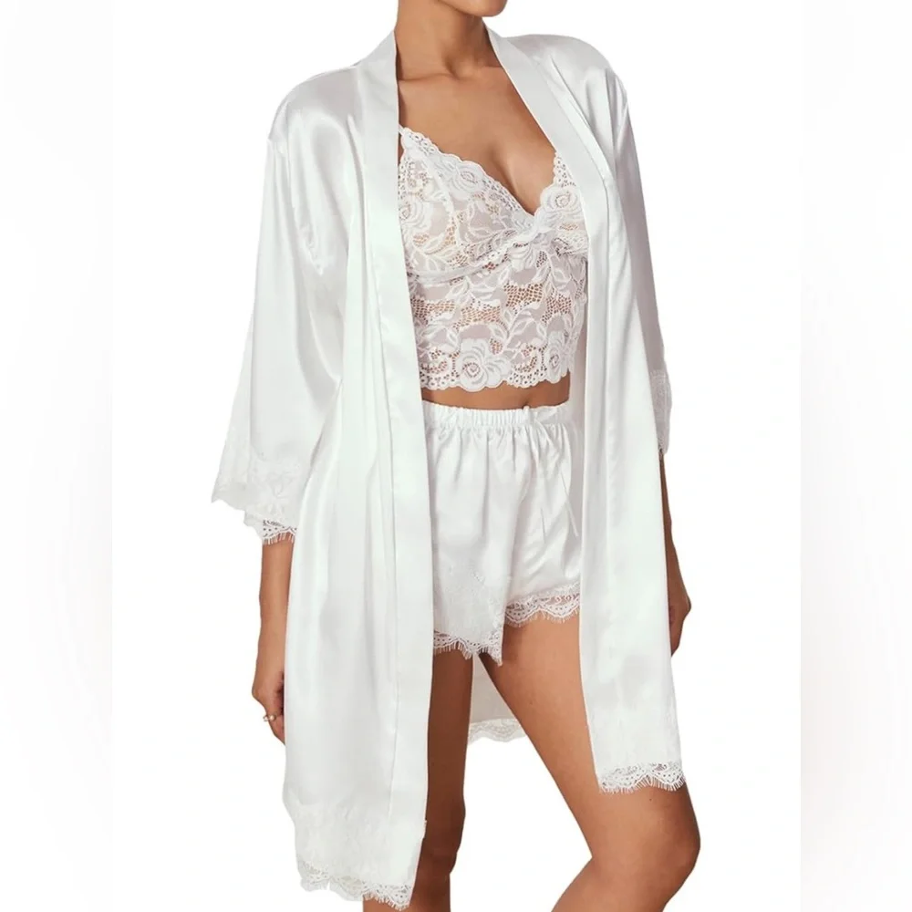 Women' White Silk Satin Pajamas Set 4pcs Lingerie with Robe - Picture 3 of 7